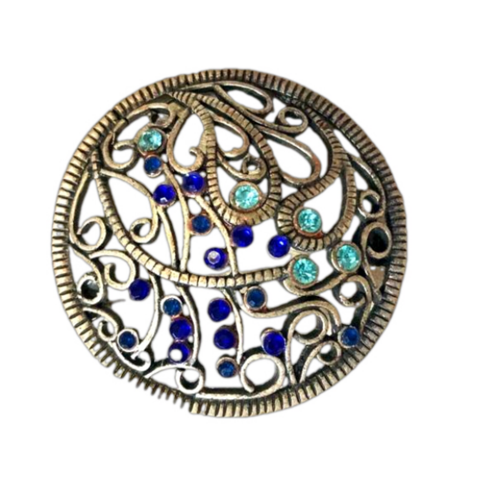 Vintage Celtic Pewter Brooch Aquamarine & Sapphire Blue Glass Stones